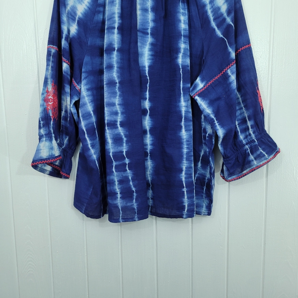 Chicos 4 Womens Sz 20/22 Blue White Tie Dye Tunic Pink Embroidery With Tassels - Picture 7 of 15